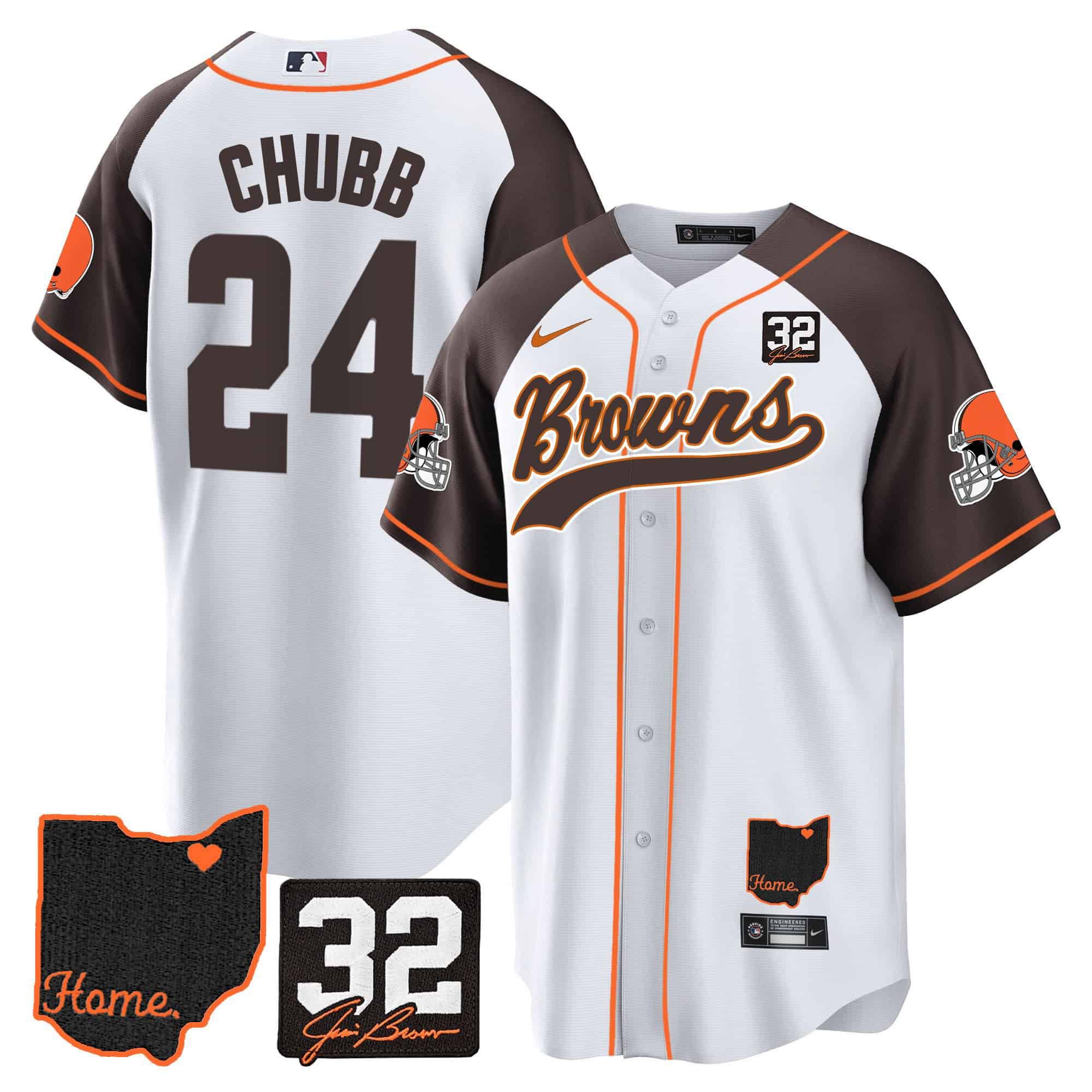 Men Cleveland Browns #24 Chubb White Memorial Home Patch Baseball 2024 Nike NFL Jersey style 1